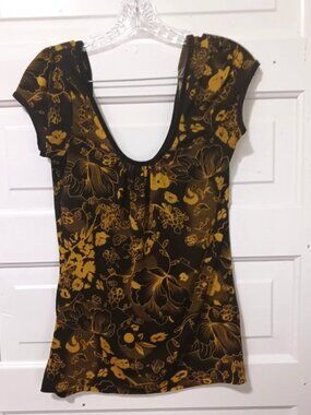 Womans Medium Brown & Yellow Floral Summer Top with Tie Back Neck by Sixteen